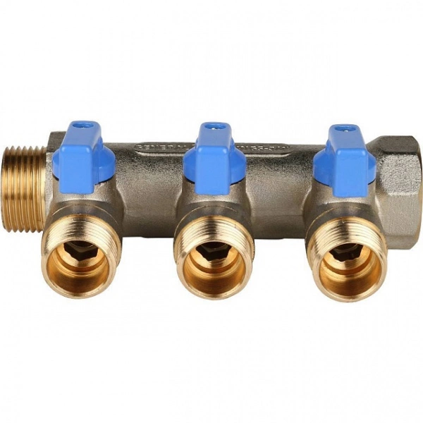 Коллектор с шаровыми кранами STOUT 3/4 , 3 отвода 1/2 (синие ручки) SMB 6201 341203