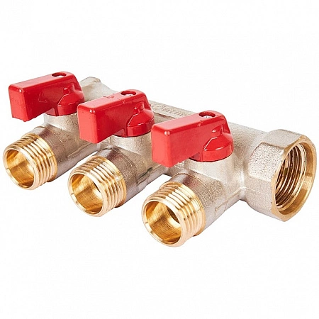 Коллектор с шаровыми кранами STOUT 3/4 , 3 отвода 1/2 (красные ручки) SMB 6210 341203