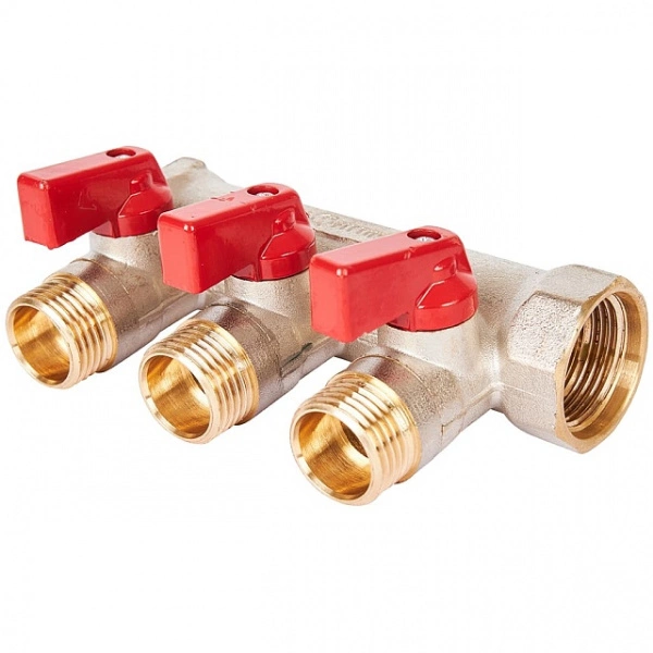 Коллектор с шаровыми кранами STOUT 3/4 , 3 отвода 1/2 (красные ручки) SMB 6210 341203